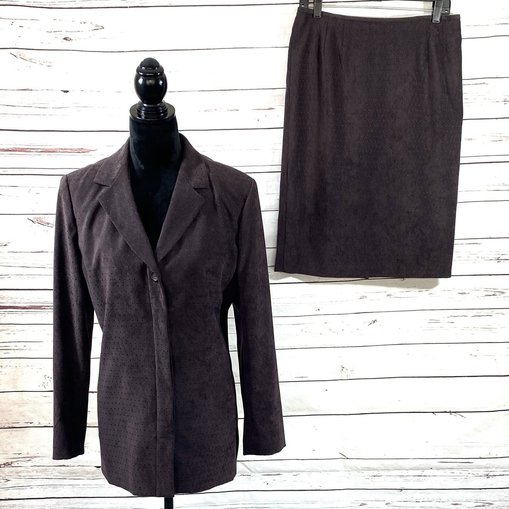 Le Suit Women's 2PC Skirt Suit Blazer Long Brown Faux Suede Size 12